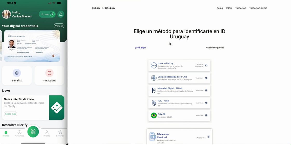 Izquierda: la app Blerify ID Wallet mostrando las credenciales digitales de un ciudadano. Derecha: la pantalla de login de ID Uruguay (gub.uy) ofreciendo la billetera de identidad como método de acceso.